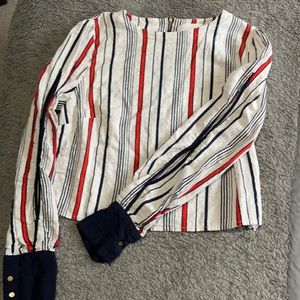 Red navy and white blouse w/ brass buttons and zipper